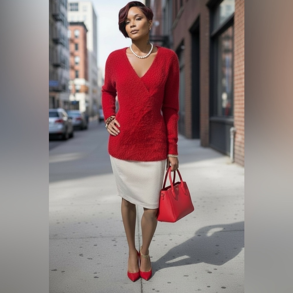 Elegant Red V-Neck Sweater a. new day☑️